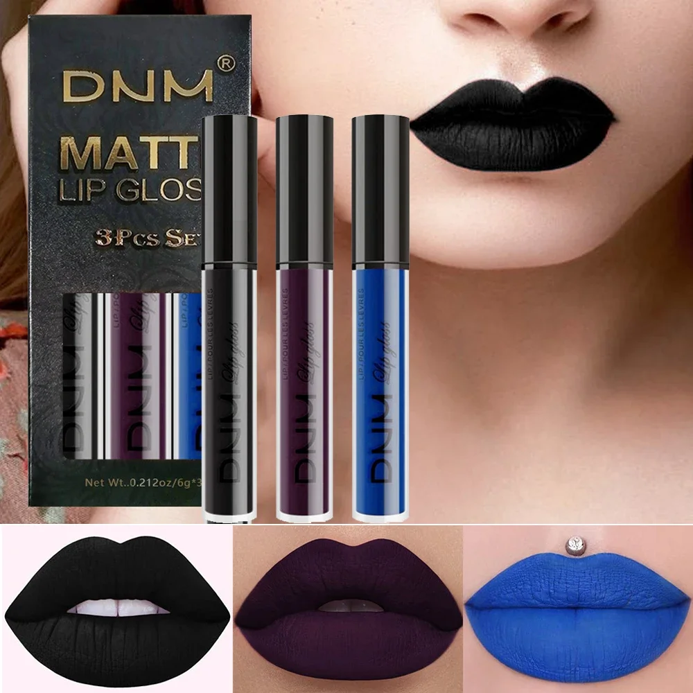 

New 3pcs/set Liquid Lipstick Waterproof Long Lasting Cosmetic Black Blue Purple Green Matte Lip Gloss Nude Lip Tint Stain Makeup