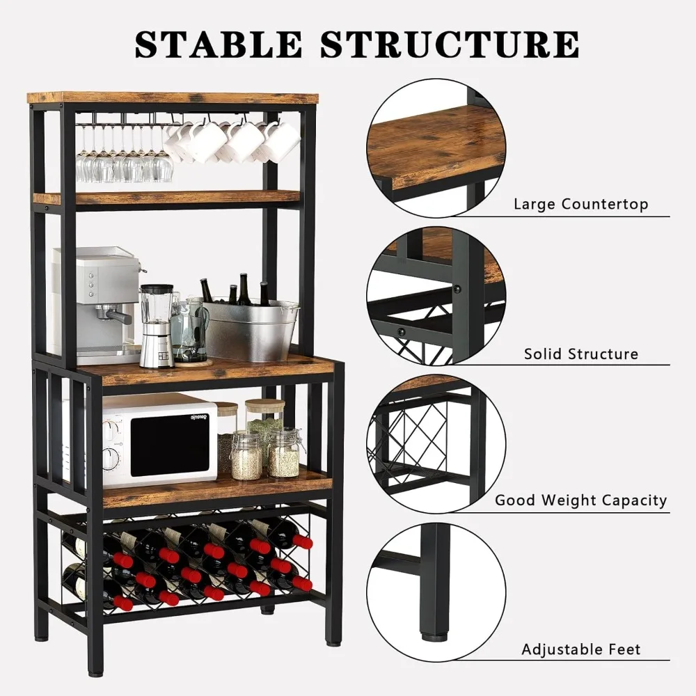 Wine Rack Freestanding Floor, Kitchen Organizers and Storage with Wine Bottle Holder Glass Holder, Multi-Function Baker