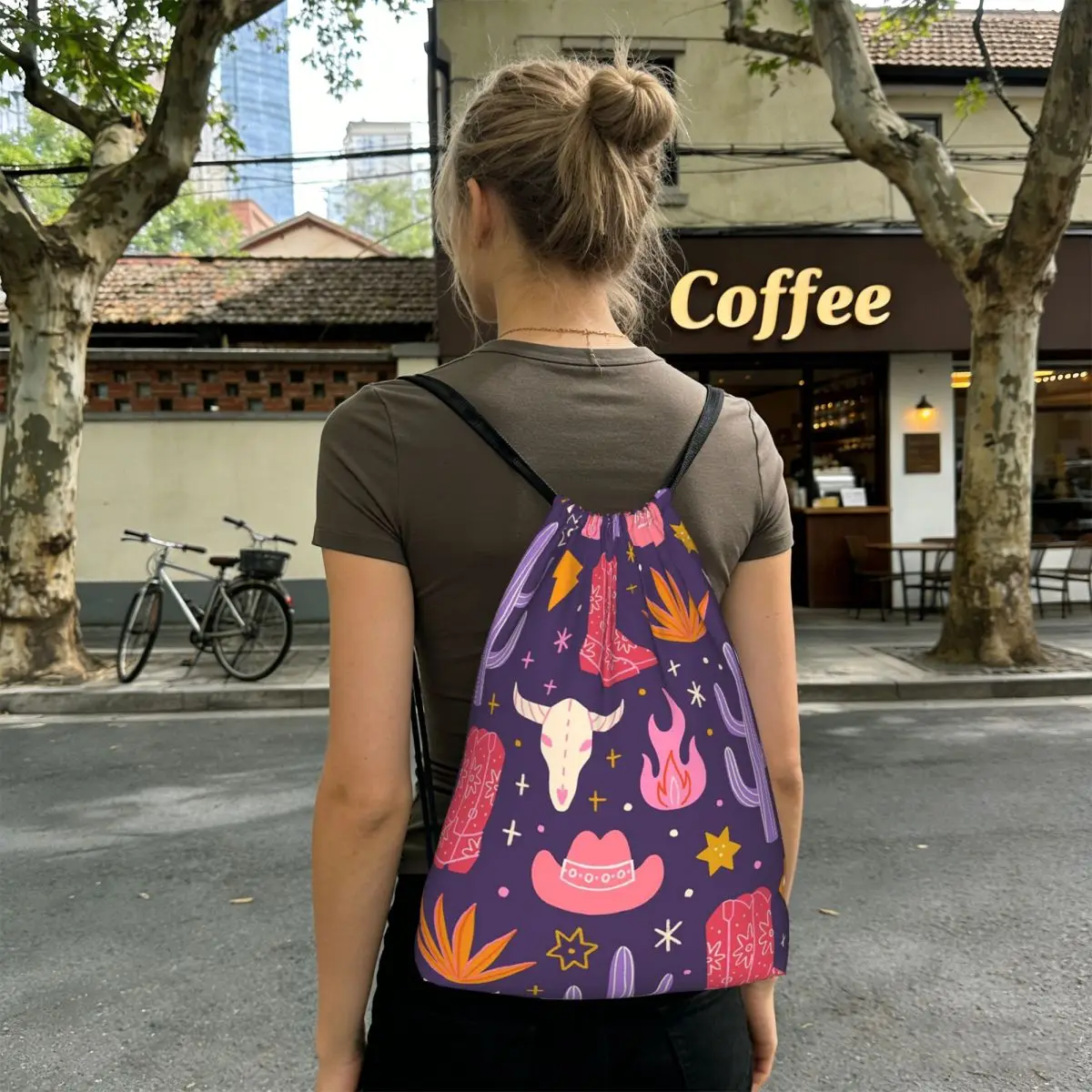 Western Cowboy Cactus Cow Head Floral Backpacks Portable Drawstring Bundle Pocket Sports Bag Book Bags for Man Woman Students
