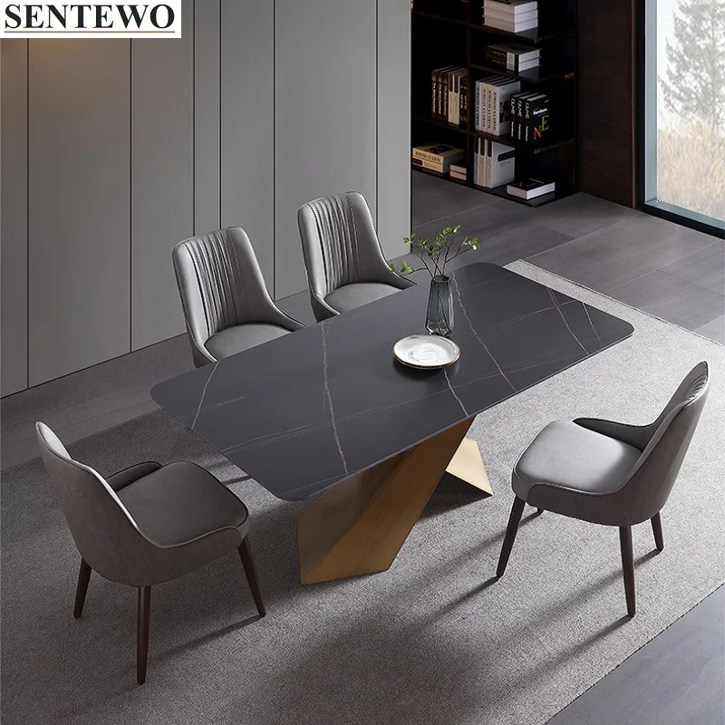 

Роскошные кухонные обеденные столы из каменной плиты, набор стульев, металлическая титановая глазурь, золотая рамка, стол из искусственного мрамора, мебель для дома, Muebles Mesas