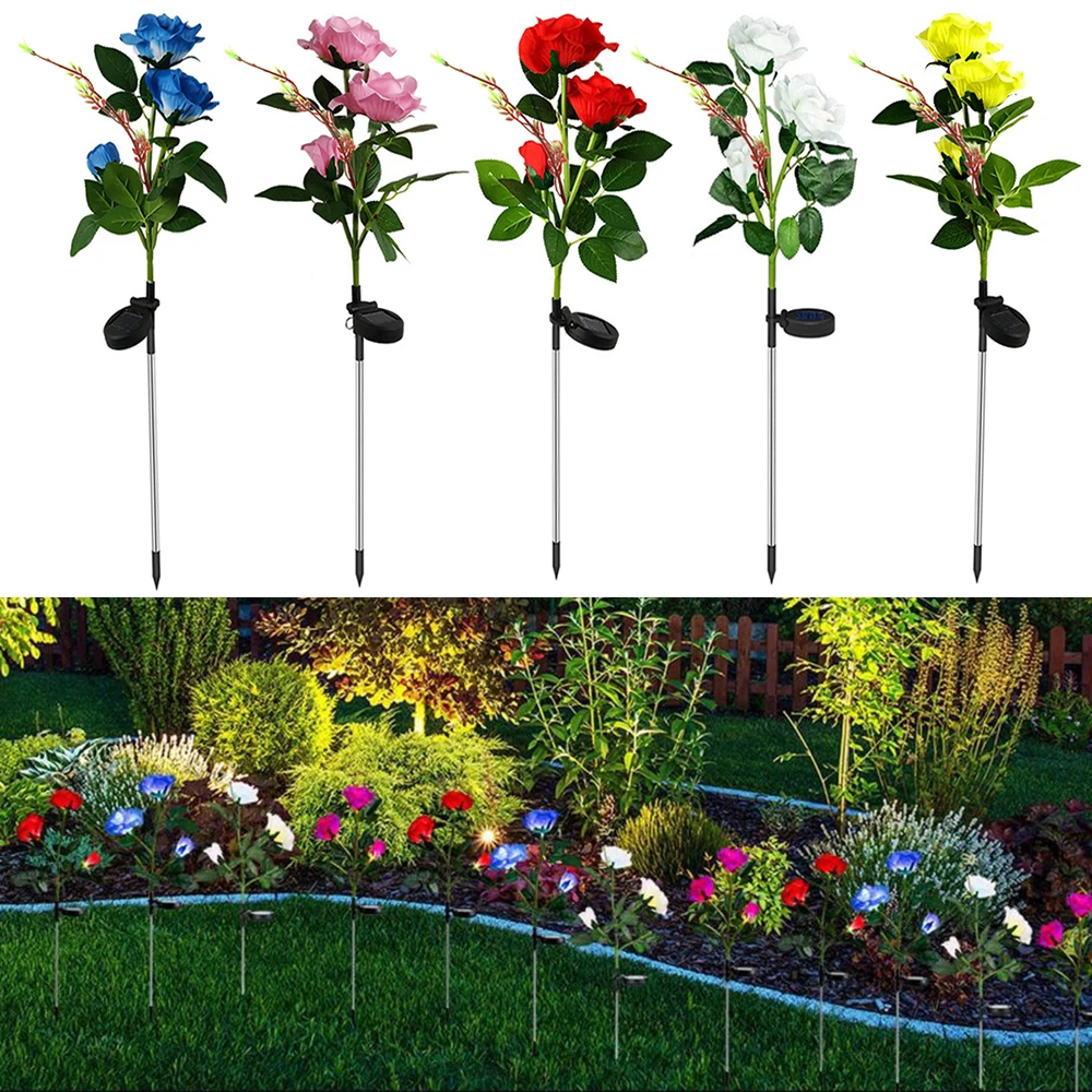 2pcs Solar Garden Lights, LED Rose Folwer Solar Lights Simulation Flower Solar Lawn Light for Porch Yard Lawn Courtyard Garden
