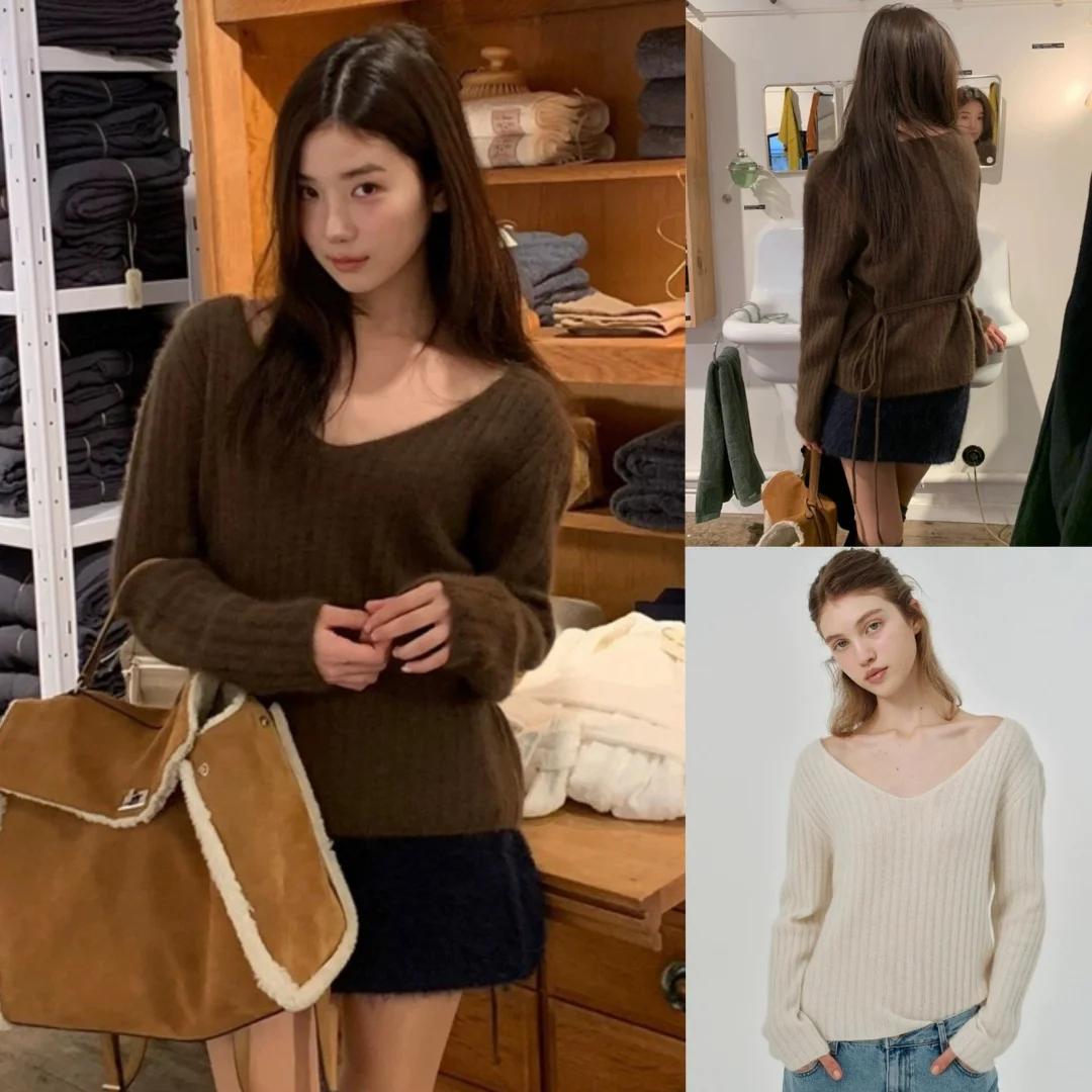 

Свободный вязаный свитер V-Ne с поясом, однотонные полоски, эффект похудения TheBarnet Eight Milk, осенняя коллекция 2023 г.