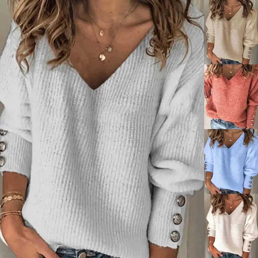 Women Sweater Autumn Winter Buttons Cuff Knit Ribbed V Neck Long Sleeve Pullover Top Women's Clothing