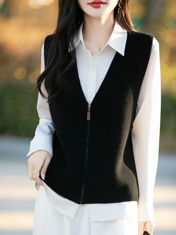 Cashmere V-neck zipper knitted vest women sleeveless stacked vest lazy sweater tank top