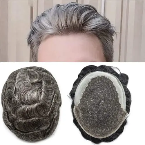 Q6 Swiss Lace Human Hair Male Toupees Bleach Knots Natural Hairline Prosthesis Capillary 1B50 Gray Black Hair Replacement System