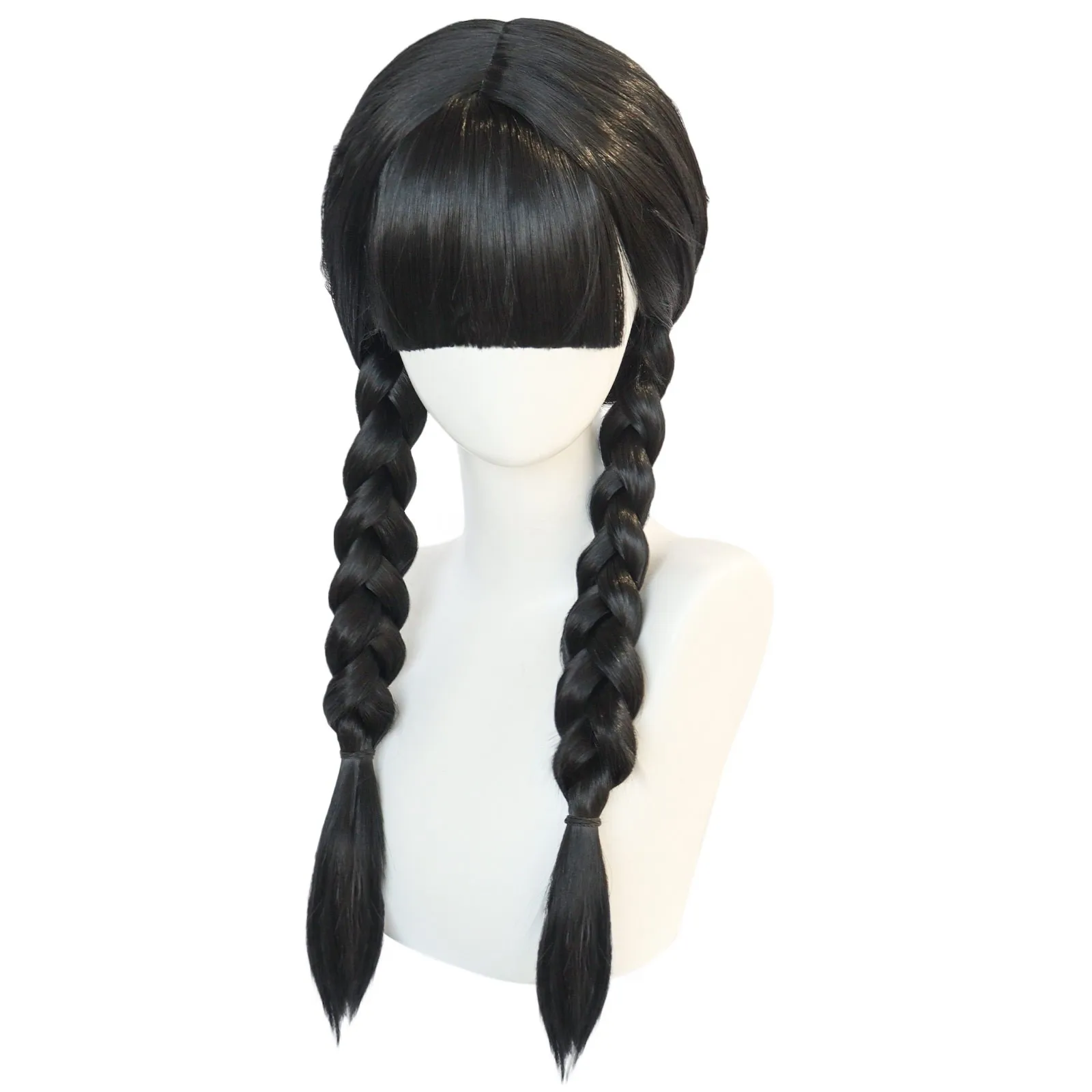 Anogol Synthetic Wednesday Addams Cosplay Wig Movie The Addams Family Long Black Braids Hair with Bangs for Halloween Party