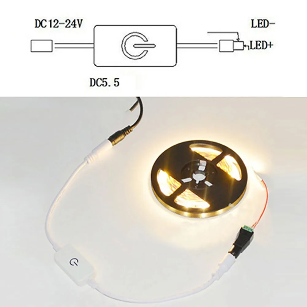 LED Strip Light Neon Led Touch Switch Button Dimmer Adjust Brightness Controller with DC Plug for 12V-24V Adjustment 2835 5050