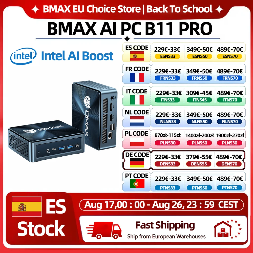 BMAX B11 Pro Mini AI PC Intel Core Ultra 5 115U 8 Kerne 10 Threads 16GB RAM 512GB SSD WLAN Bluetooth USB HDMI Type-C Windows 11