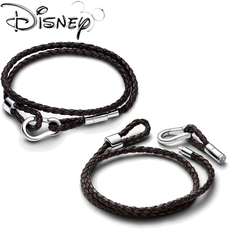 Disney 2025 New Creative Moments Brown woven double leather bracelet fit Pandora Pendant DIY women's high quality jewelry gifts