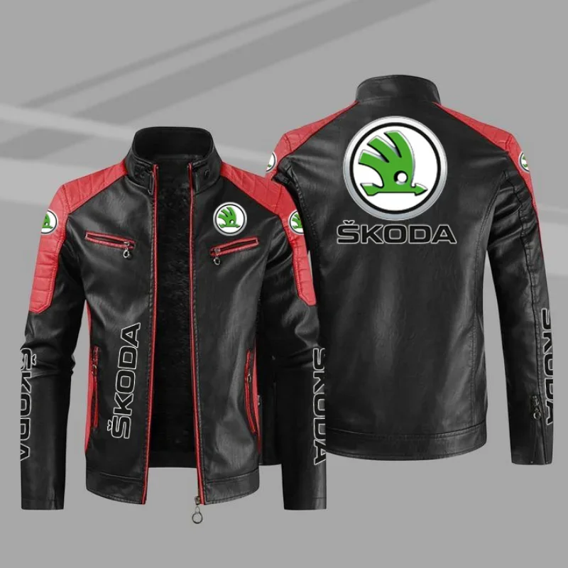 2023 New Winter Men's Skoda Car Logo Jacket Fashion Motorcycle Zipper Jacket Outwear Keep Warm Leather Man Coat 4 Colors