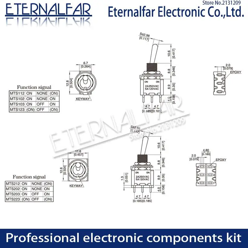 Rocker Switches Lights Motors Button Rocker Arm Single Connection SPDT MTS-202 Toggle Switch 3A 250V 6A 125V AC Mini 6PIN ON-ON