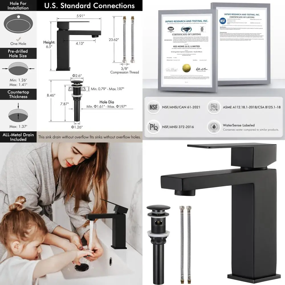 

Matte Black Single Hole Vanity Faucet with Overflow and Pop-Up Drain, Rustproof, cUPC Certified, L3156ALFF12-BK-C3