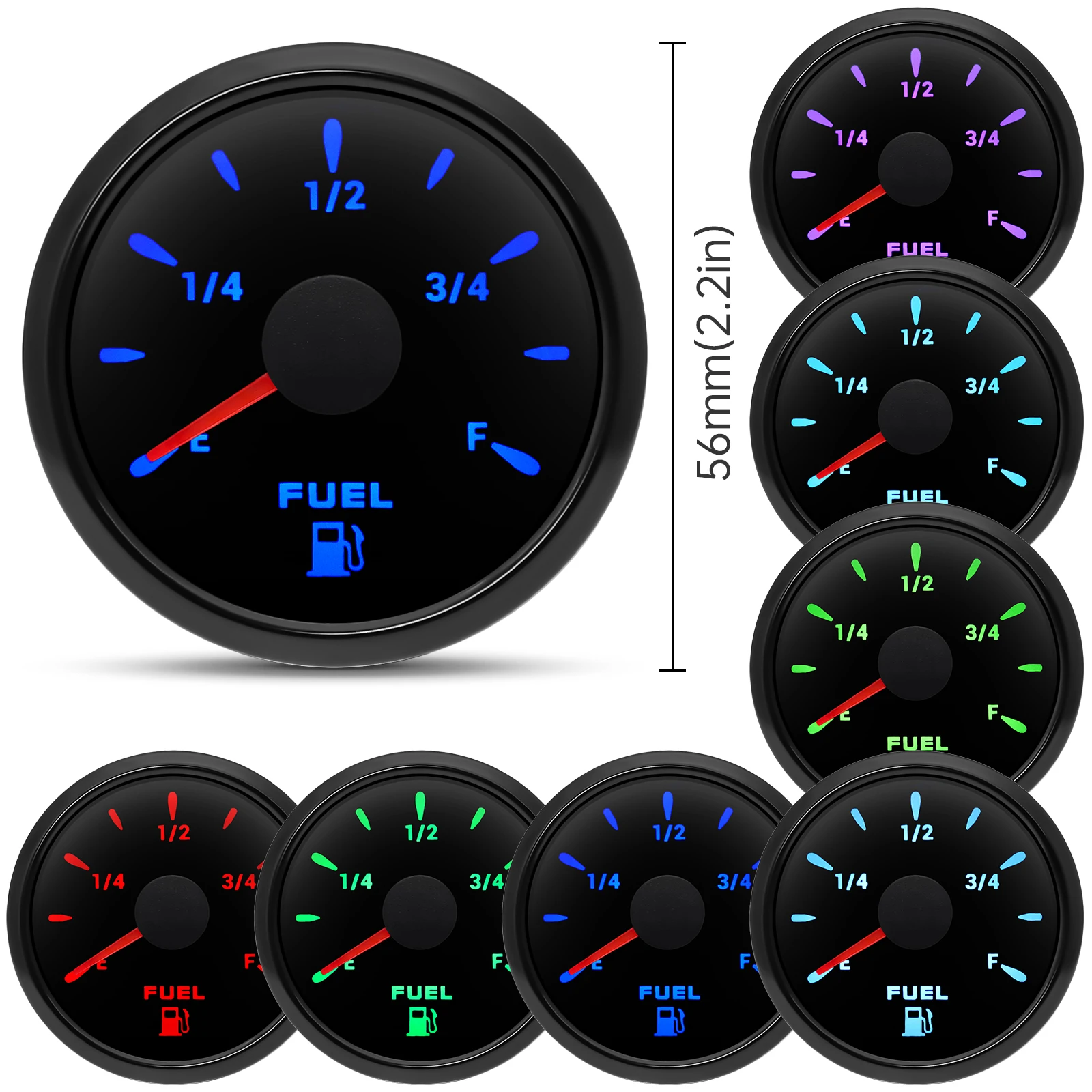 52MM Waterproof Fuel Level Gauge 7Color Backlightfuel Gauge Oil Level Gauge 12/24V Fuel Level Tank for Car Boat