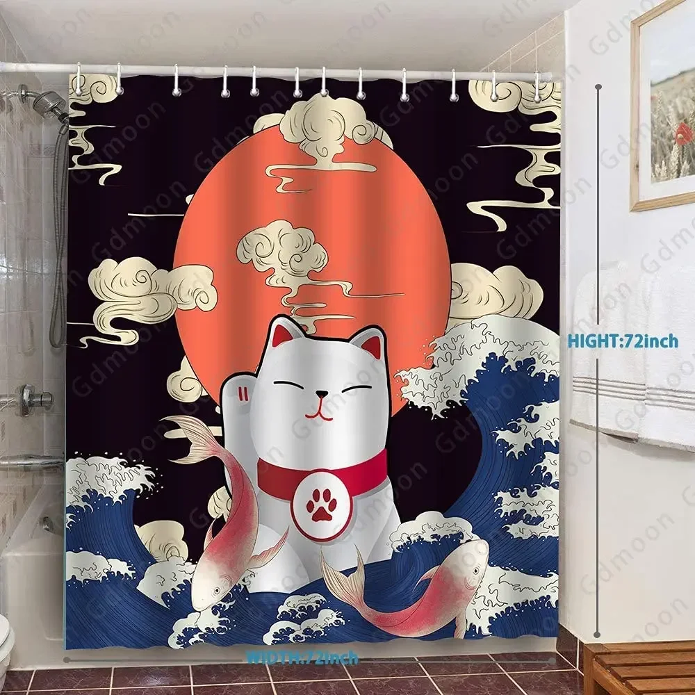

Занавеска для ванны Lucky Cat and Koi Fish — высококачественный водонепроницаемый и устойчивый к плесени декор для ванной комнаты для дома в японском стиле