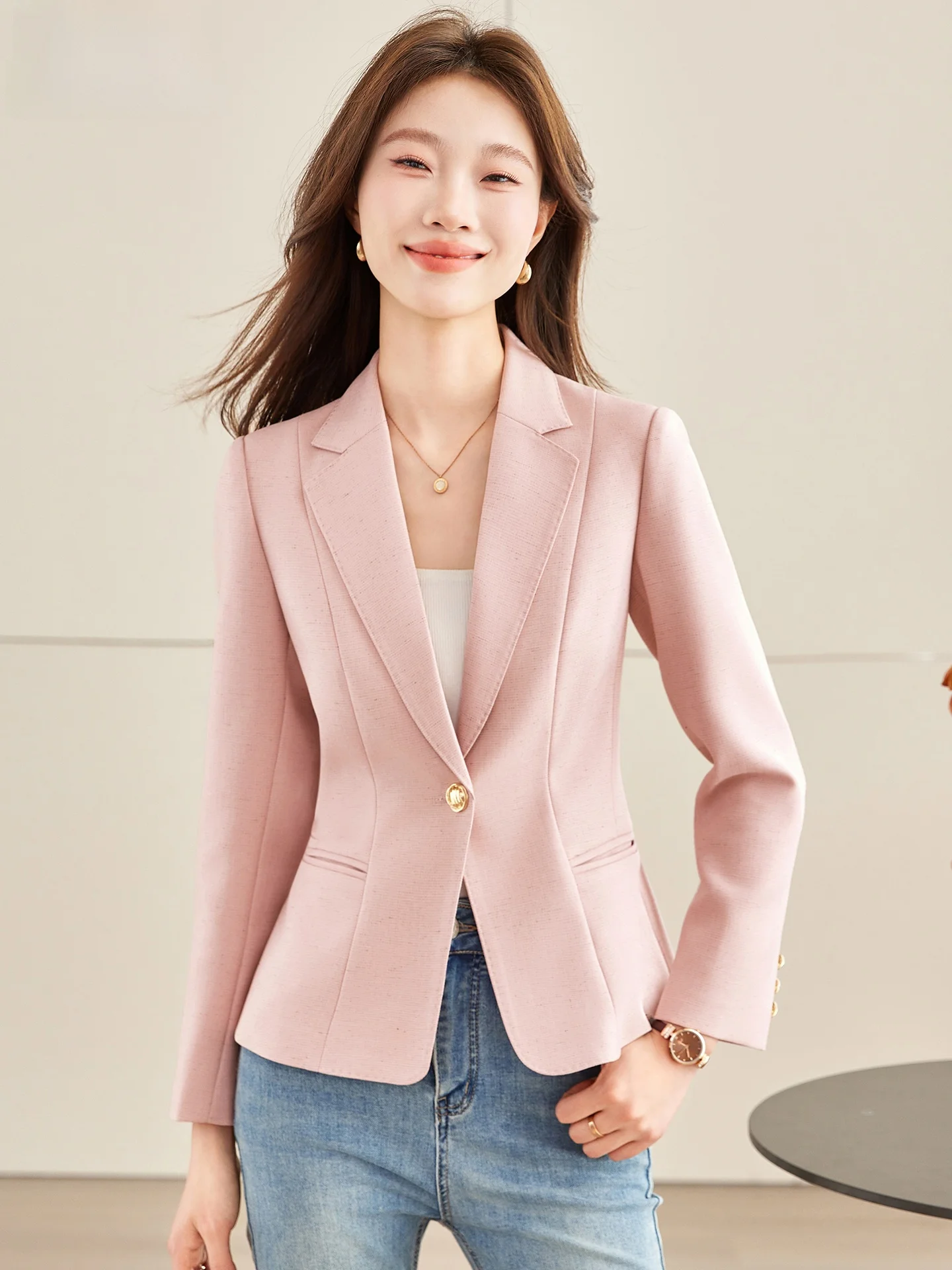 

Pink Suit Jaet Women's Spring New Sle Slimming Ele Small Size Commute Wind Button ket Polyester Fiber Long Sve