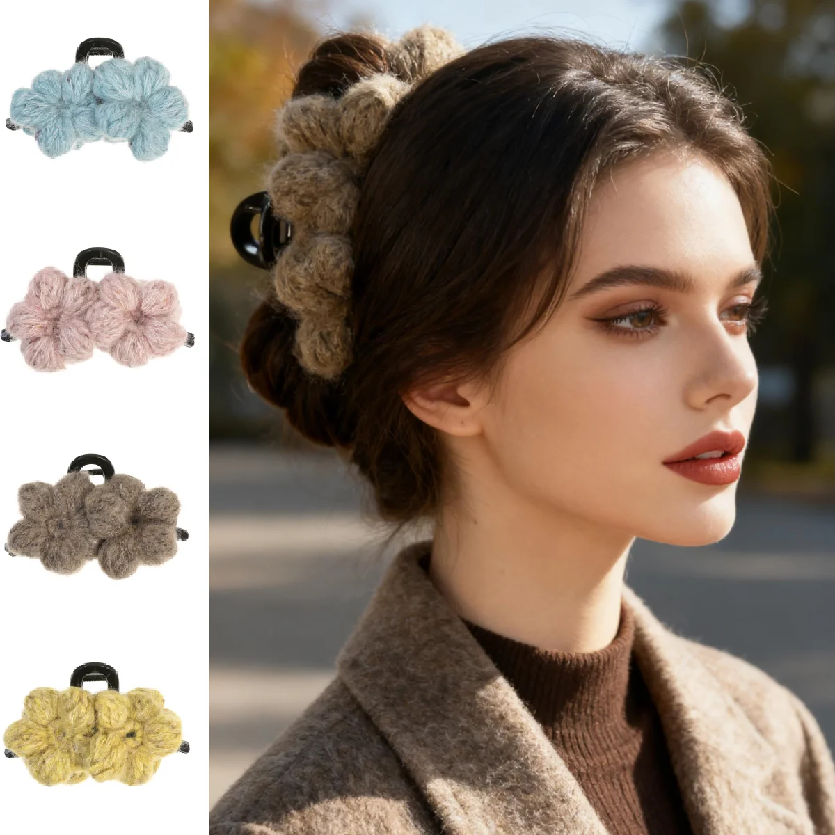 1pc Knitted Plush Flower Hair Claw Elegant Women Hairpins Autumn Winter New Fluffy Handmade Hair Accessories Headwear For Girls