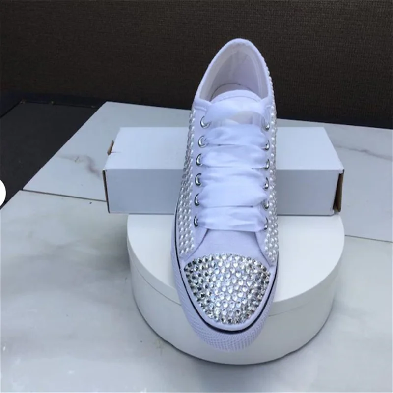 Personality design sense comprehensive rhinestone pearl fashion all matching shoes Canvas shoes Heavy industry comfortable banqu