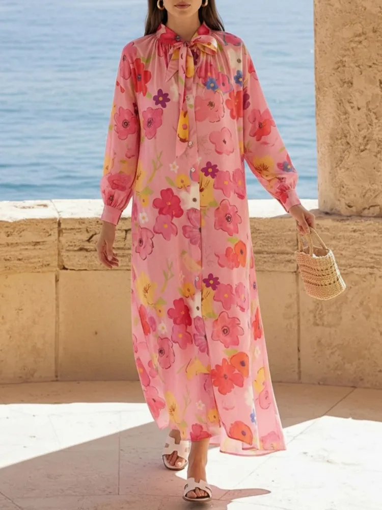 Freeacy 2026 Damen Buntes Blumenmuster Süßes Kleid mit Schleifenkragen, Langen Ärmeln, Locker Geschnitten, Knopfleiste, Midi-Länge, Partykleid