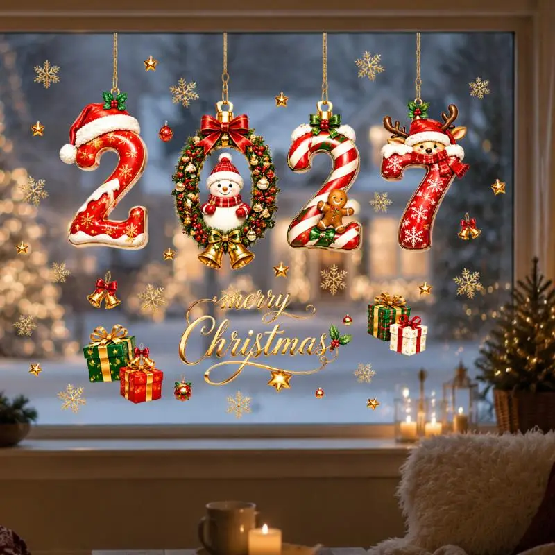 2027 New Year Christmas Static Cling Window Stickers Gingerbread Number Decals Bell Snowflake PVC Cling Glass Decoration