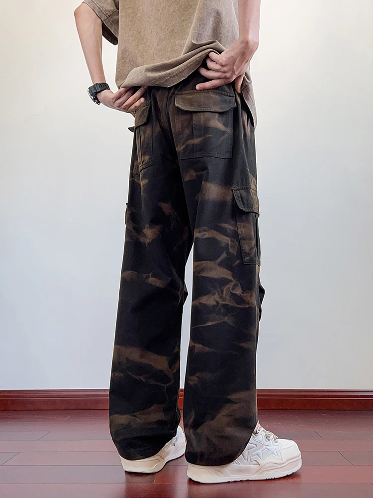 メンズ迷彩カーゴパンツ 6 ポケットストリートスタイルウォッシュコットンワイドレッグ Y2K パンツストレートだぶだぶのワークパンツ 8XL
