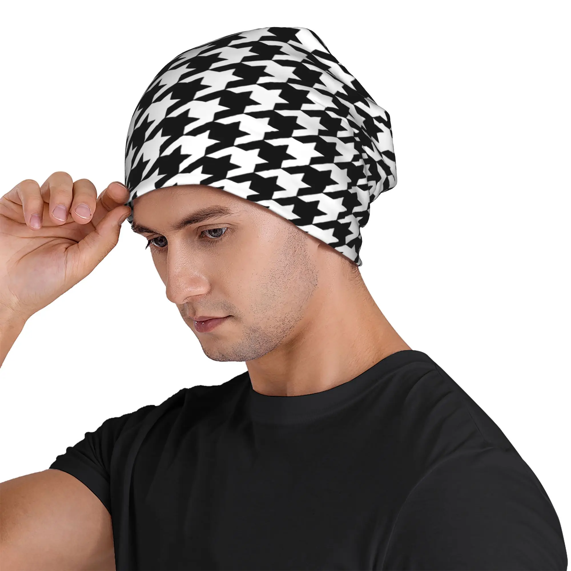 Autumn Black And White Houndstooth Bonnet Homme Fashion Thin Hat Skullies Beanies Caps Men Women Style Hats 6