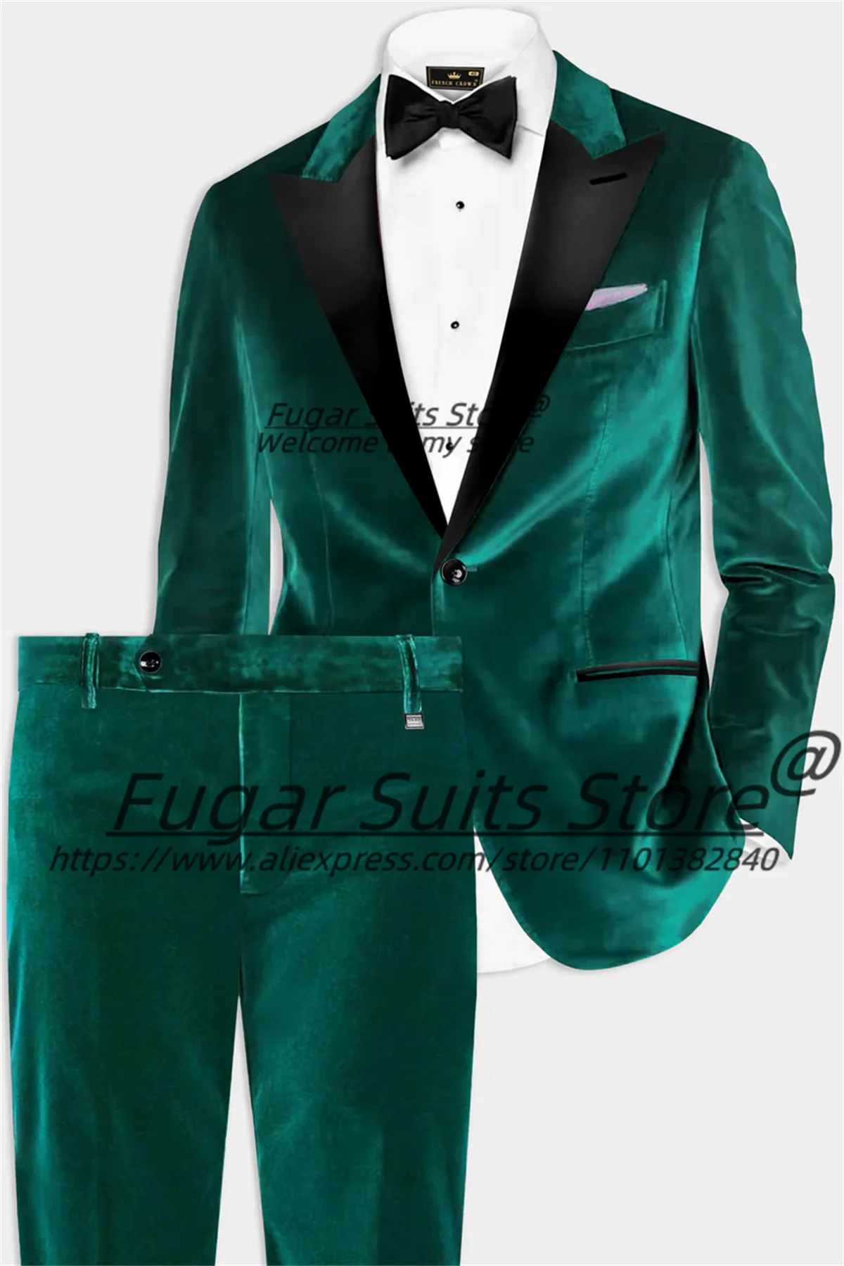 

Luxuly Green velvet Men Suits Slim Fit Peak Lapel Groom Wedding Prom Tuxedos 2 Pieces Sets Business Male Blazers Ropa Hombre