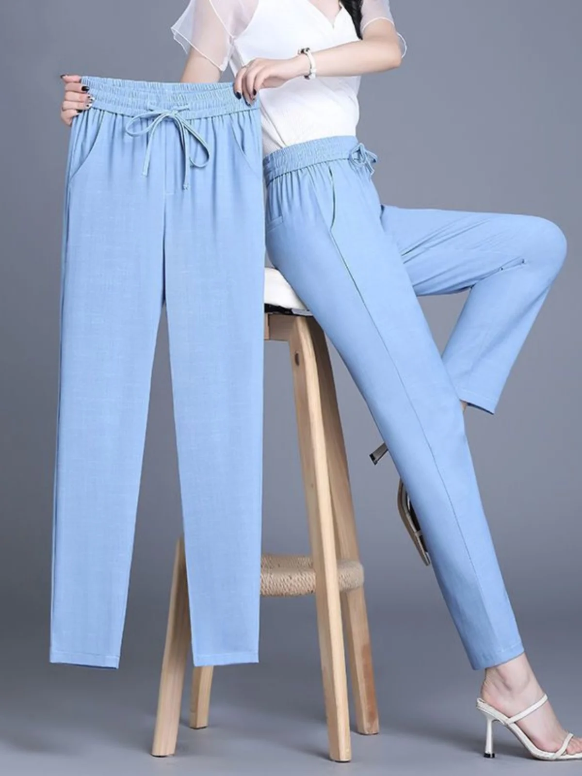 ผ้าไหมน้ําแข็ง MOM กางเกงยีนส์เอวสูงหลวม Fit Slimming Casual เก้าจุด Harlan กางเกงผู้หญิงฤดูร้อนบางใหม่ Faion เกาหลี SLE