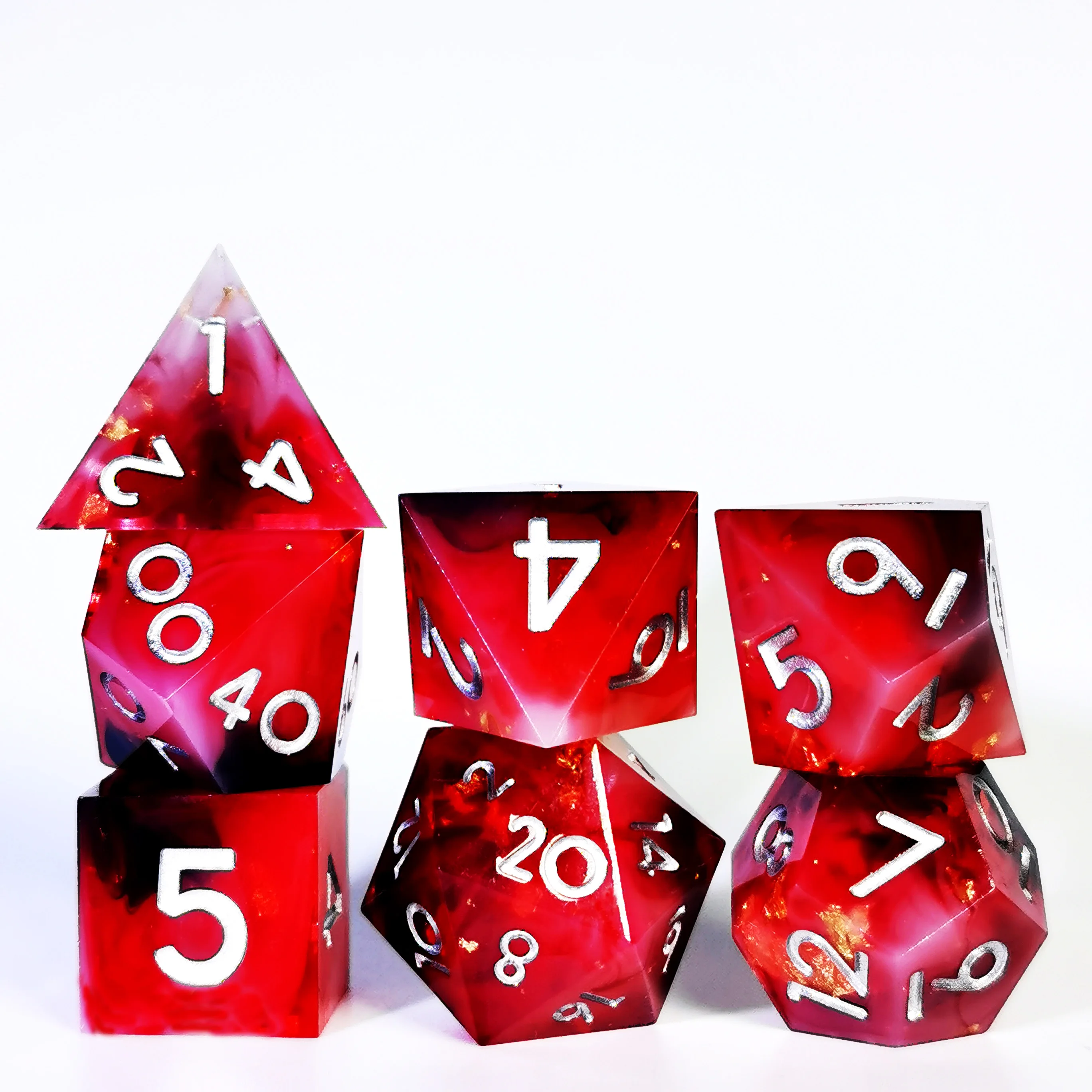 "Juego de dados DND de resina con borde afilado, juego de dados poliédricos rojos de 7 piezas, dados D&D transparentes hechos a mano para mazmorras y dragones RPG"