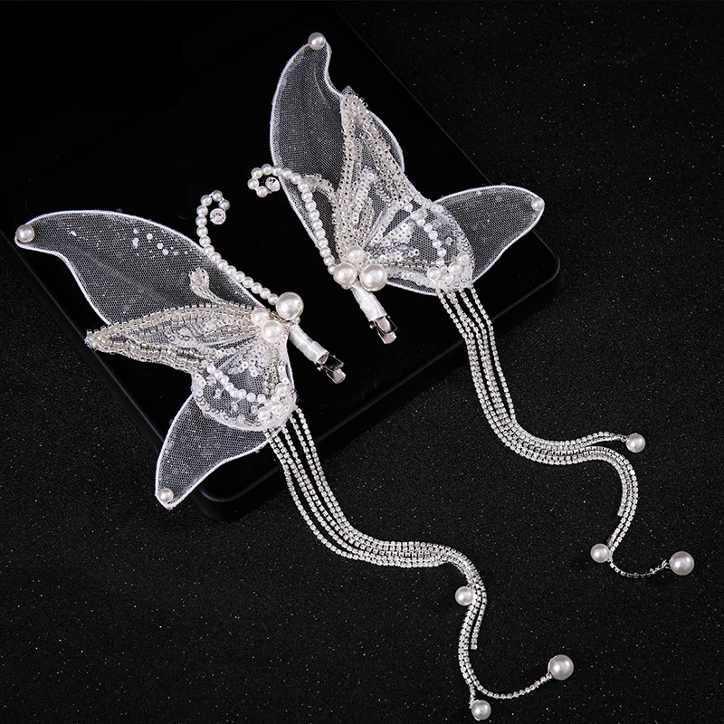 2pcs Handmade Beaded Butterfly Tassel Hair Clip Bridal Wedding Dress Banquet Makeup Headband Hair Accessories Hairband Decor image 5