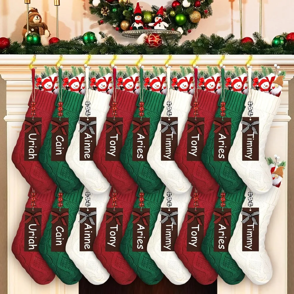 

18 Set Lighted Christmas Stockings, 18 Inch Christmas Knit Stockings with Name Tags and Christmas Stocking Holder