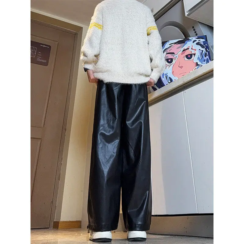 Black Leather Pants Men Casual Motorcycle Pants Men Streetwear Hip-hop Loose Wide Leg Pants Mens Brown Trousers Plus Size 5XL