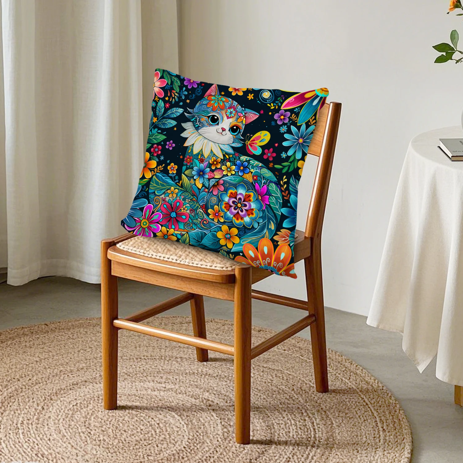 Boho Cat Linen Cushion Cover Colorful Floral Kitten Animal Throw Pillow Case Pet Lover Gifts Whimsical Decor Home Sofa Bedroom
