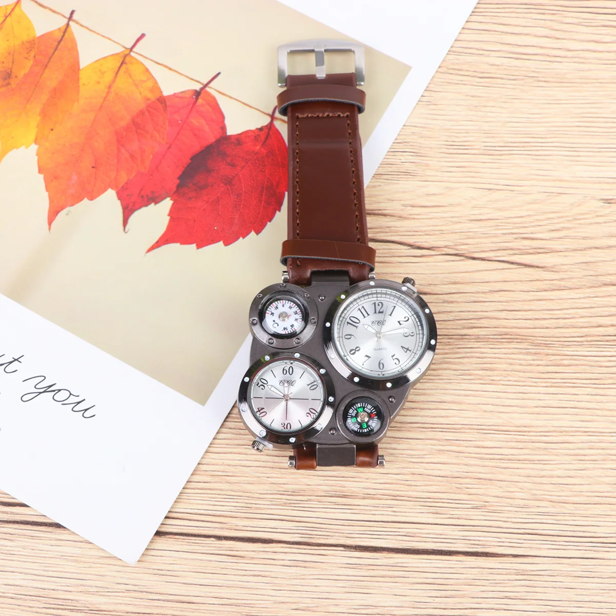 

Outdoor Multi-Dial Temperature Compass Quartz Sports Wrist Watch Black Case Deep Coffee Band Men Hiking Quartz Watch Men
