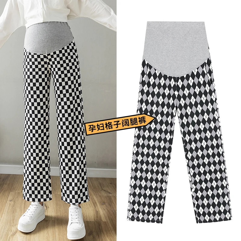 

Pregnant Women's Wide-leg Pants Spring Summer Ice Silk Printed Plaid Belly Pants Fashion Loose and Thin Pregnant Women's Pants