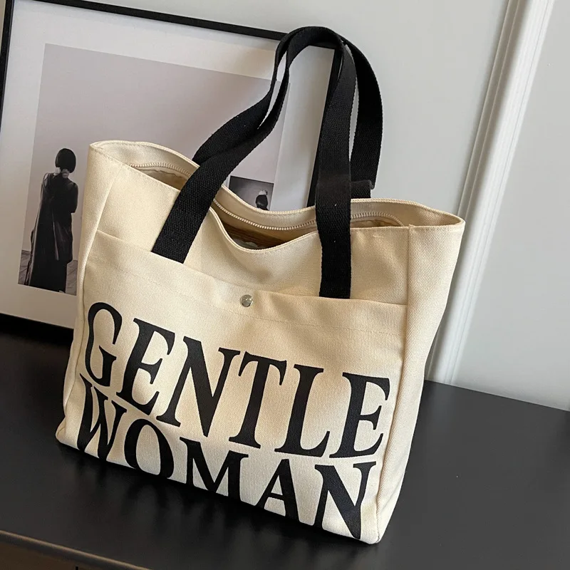 Large Capacity 2023 New Spring Summer Versatile One Shoulder Shopping Bag Canvas Commuter Tote Letter Bag Gentle Woman