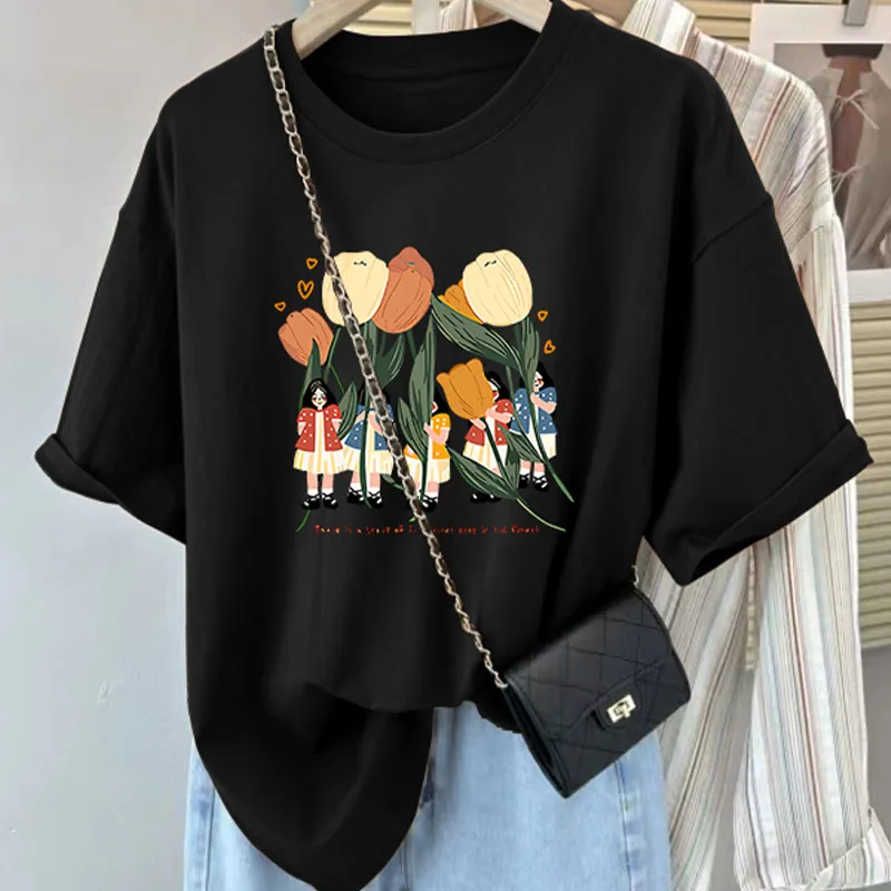 الملابس النسائية الأزهار القطن الخالص عارضة تي شيرت الصيف تنوعا فضفاضة قصيرة الأكمام تيز سيدة الأساسية طاقم الرقبة بلوزات على الموضة #4