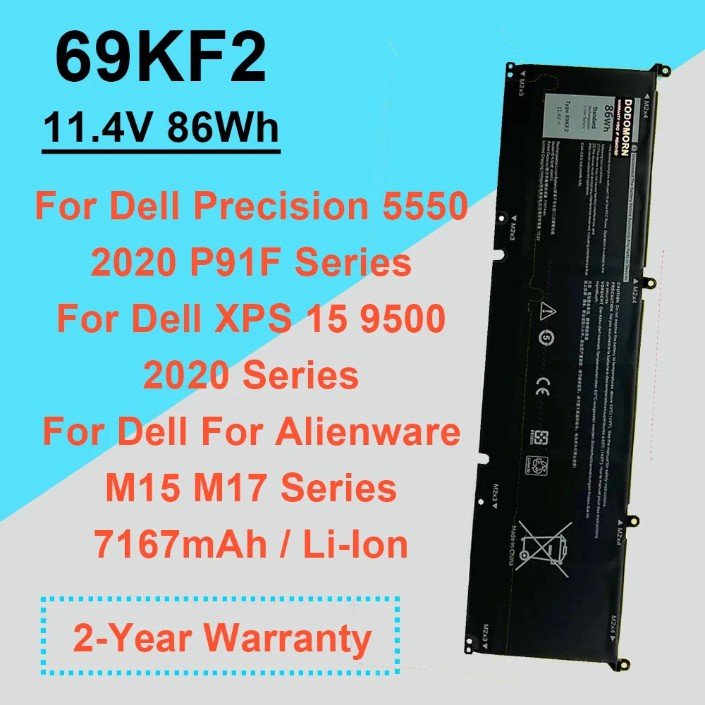 DODOMORN 11.4V 86Wh 69KF2 For Dell XPS 15 9500 2020 Precision 5550 P91F For Alienware M15 M17 Series Laptop Battery 70N2F 8FCTC