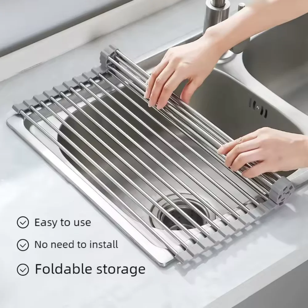 

Складная сушилка для посуды из нержавеющей стали, многофункциональная кухонная подставка для овощей и фруктов