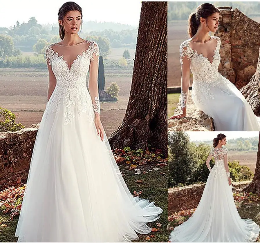 

New Elegant A-Line Wedding Dresses Long Sleeves Scoop Neck Illusion Back Lace Applique Vintage Bohemia Train Bridal Gowns Beach