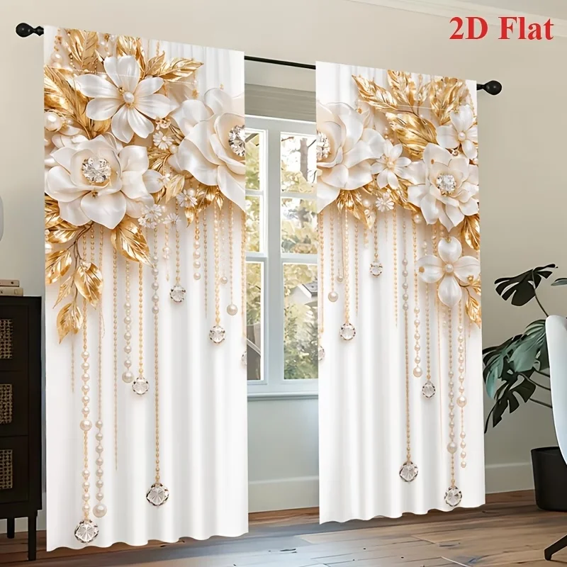2PCS Digital Printed Curtains, White Flower Pendant Elegant Floral Jewelry, Window Drapes for Living Room Bedroom Home Decor