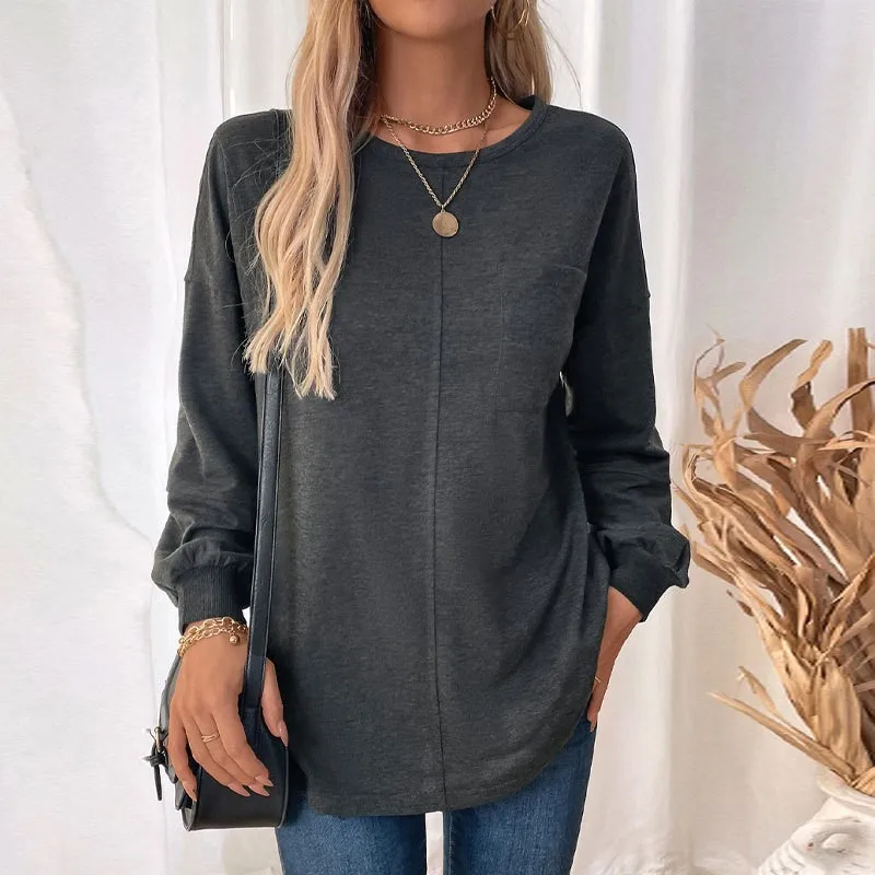 Grey Casual Round Neck Pullover Hoodie Loose Casual Solid Color Long Sleeved Women's Top Autumn Versatile New Item 2024 Hoodie