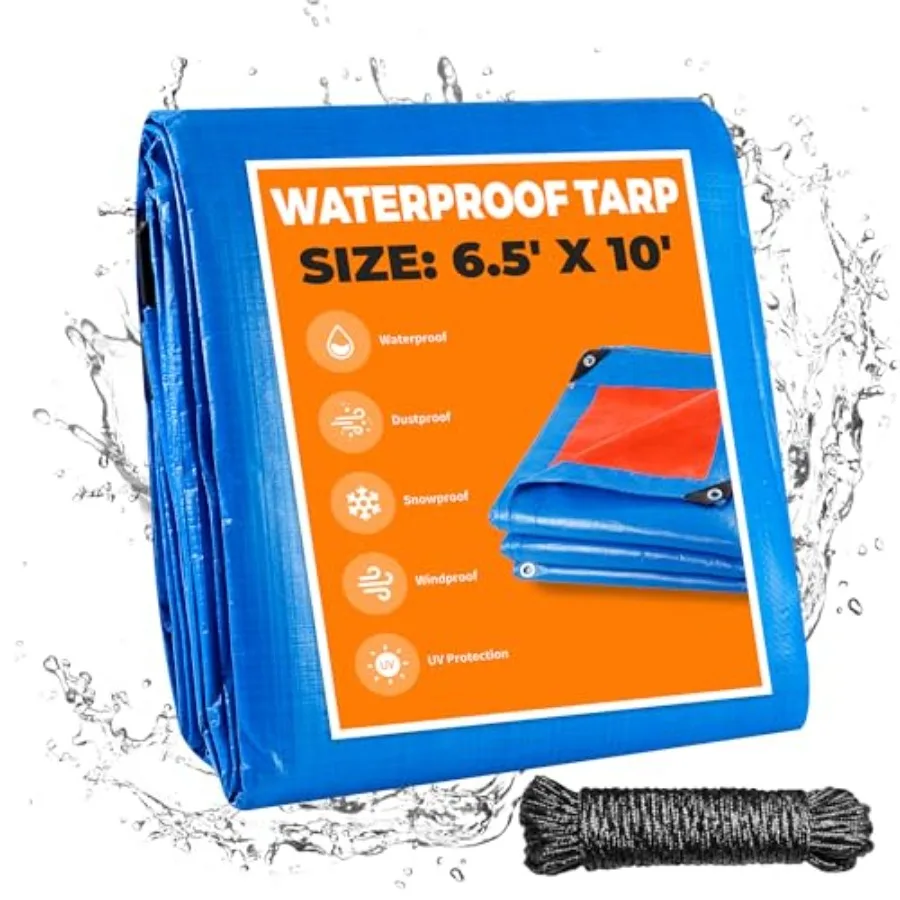 

6.5X 10 Feet Heavy Duty Waterproof Tarp, 8 Mil Outdoor Protective Tarpaulin Cover, UV Resistant All Weather Tarps with Rustproo