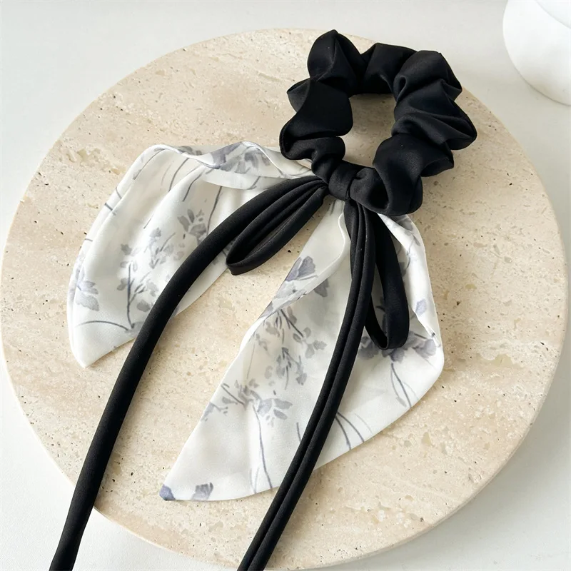 French High Grade Bow Long Ribbon Scarf Hair Ties Fashion Flower Print Head Rope Female Elastic Hair Scrunchies Wholesale