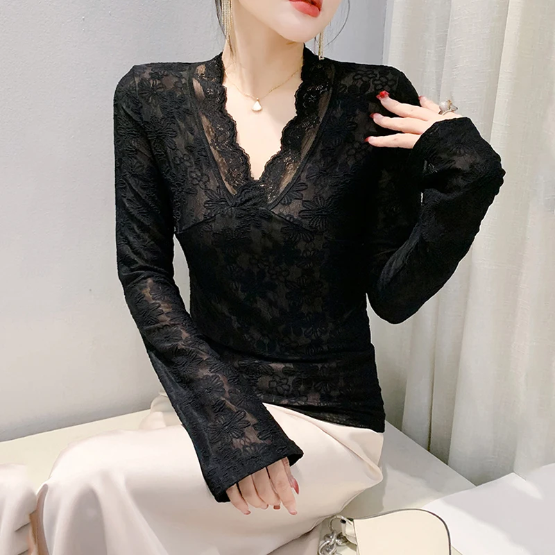 Faionable femmes dentelle irt v-ne garniture florale minceur polyvalent couche de Base haut automne porter nouveau Sle Sexy vêtements pour femmes