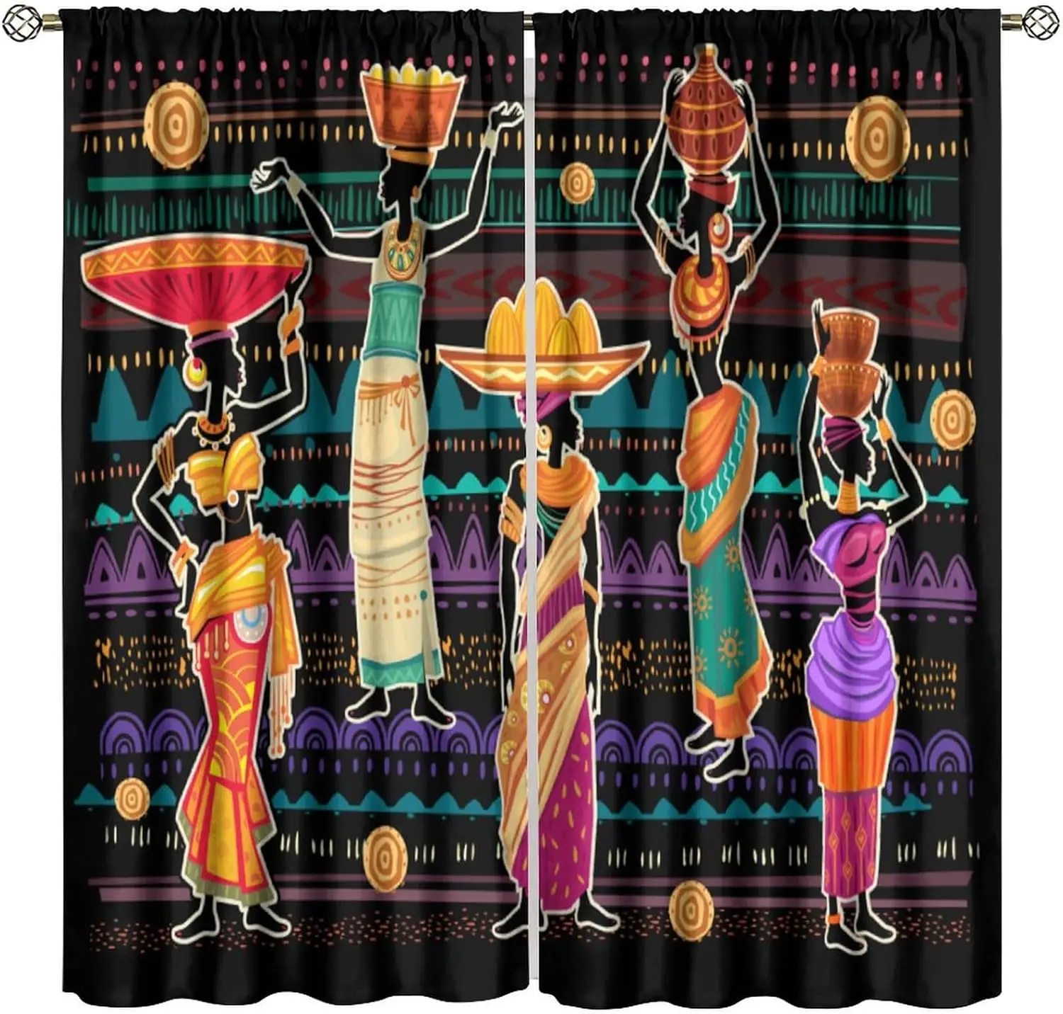 African Black Woman Curtains, Abstract Bohemian Tribal Ethnic Ancient Rod Pocket Window Drapes, for Living Room Bedroom Kitchen