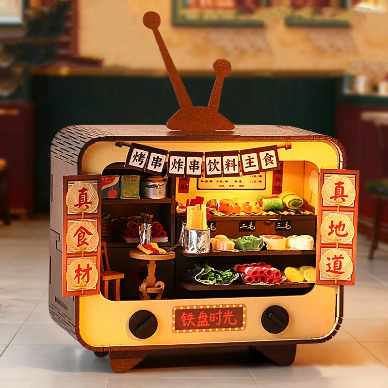 DIY 3D Holzpuzzle Mini-TV-Laden Chinesischer Getränkeladen Miniatur-Modellbausatz Montage-Puzzle für Freunde Geburtstagsgeschenke