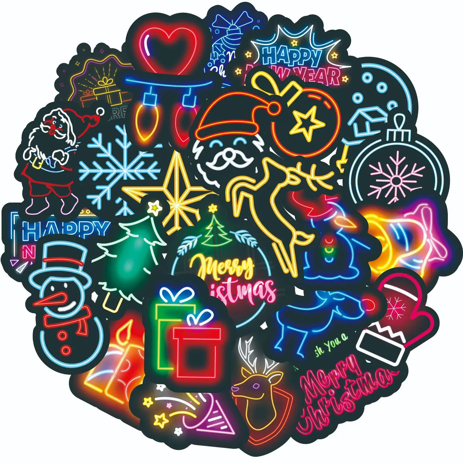 50Pcs Christmas Neon Stickers Gradient Santa Claus Reindeer Gift Chimney Snowman Phone Snowboard Laptop Luggage Fridge