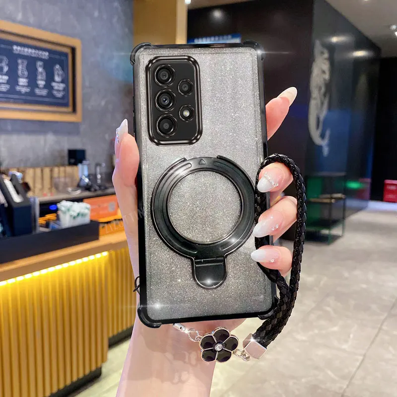 Clover Strap Glitter Classy Round Phone Holder Case For Samsung Galaxy A13 A14 A15 A16 A24 A25 A34 A35 A36 A54 A55 A12 A22 4G 5G