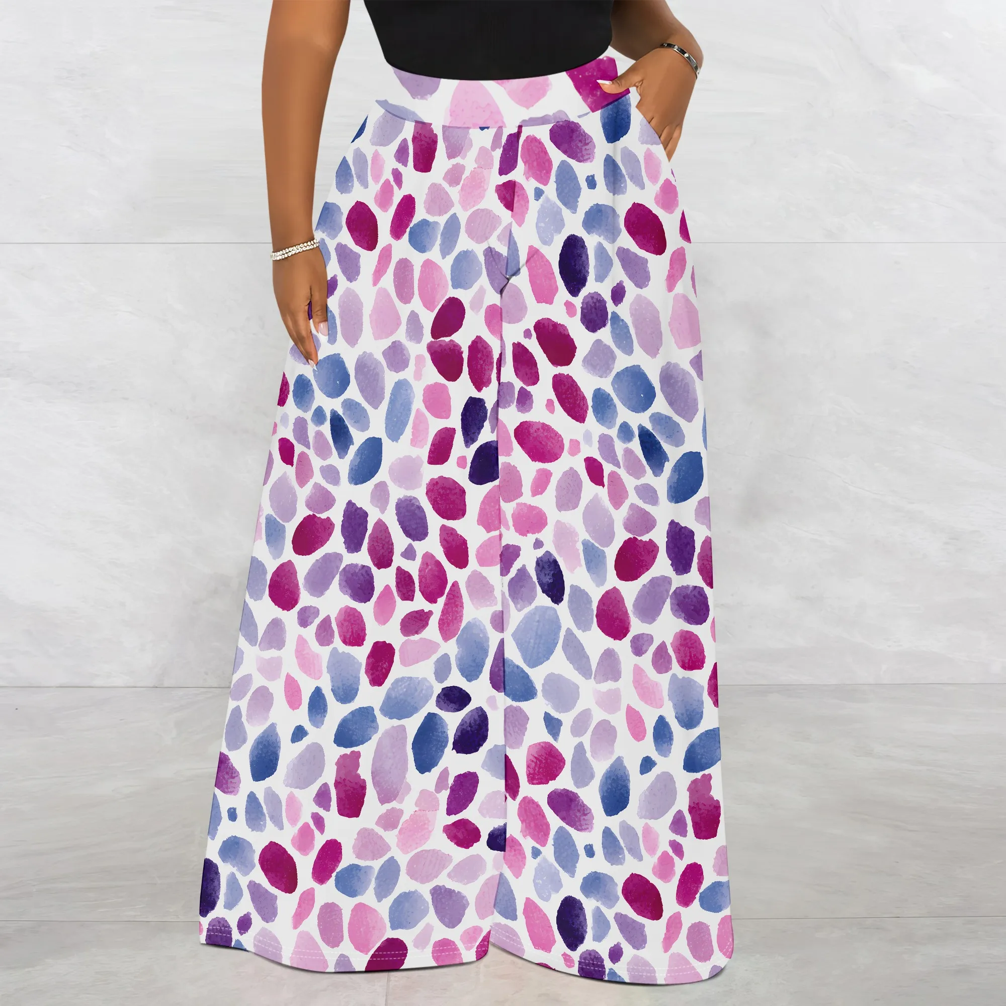 Abstract Watercolor Print, Wide Leg Pants with Pockets, Loose Fit Trousers for Women, Casual Beach Vacation Wear, S-3XL