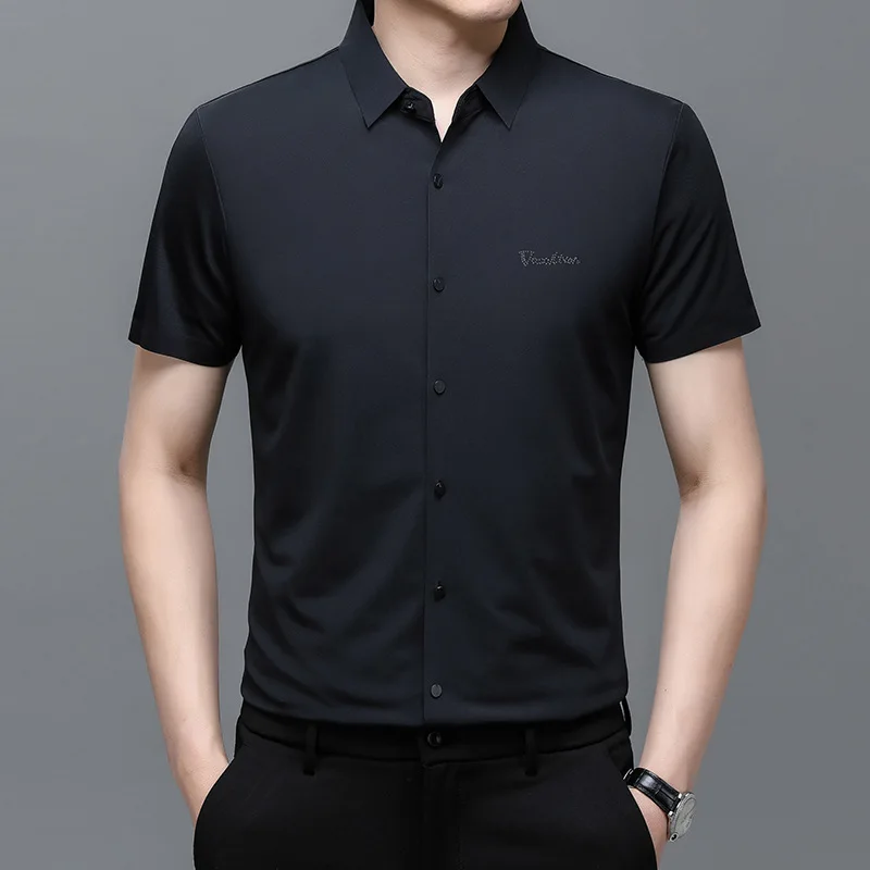 

High-End Men's Short-Sleeved Shirt Seamless Middle-Aged Business Leisure Anti-Zou Non-Ironing Loose